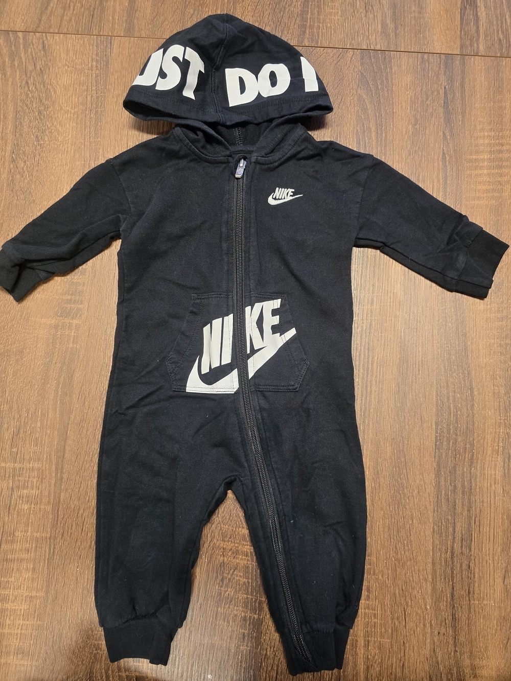Nike Baby 9M Black Just Do It Hooded Zip Romper One Piece 9 Months